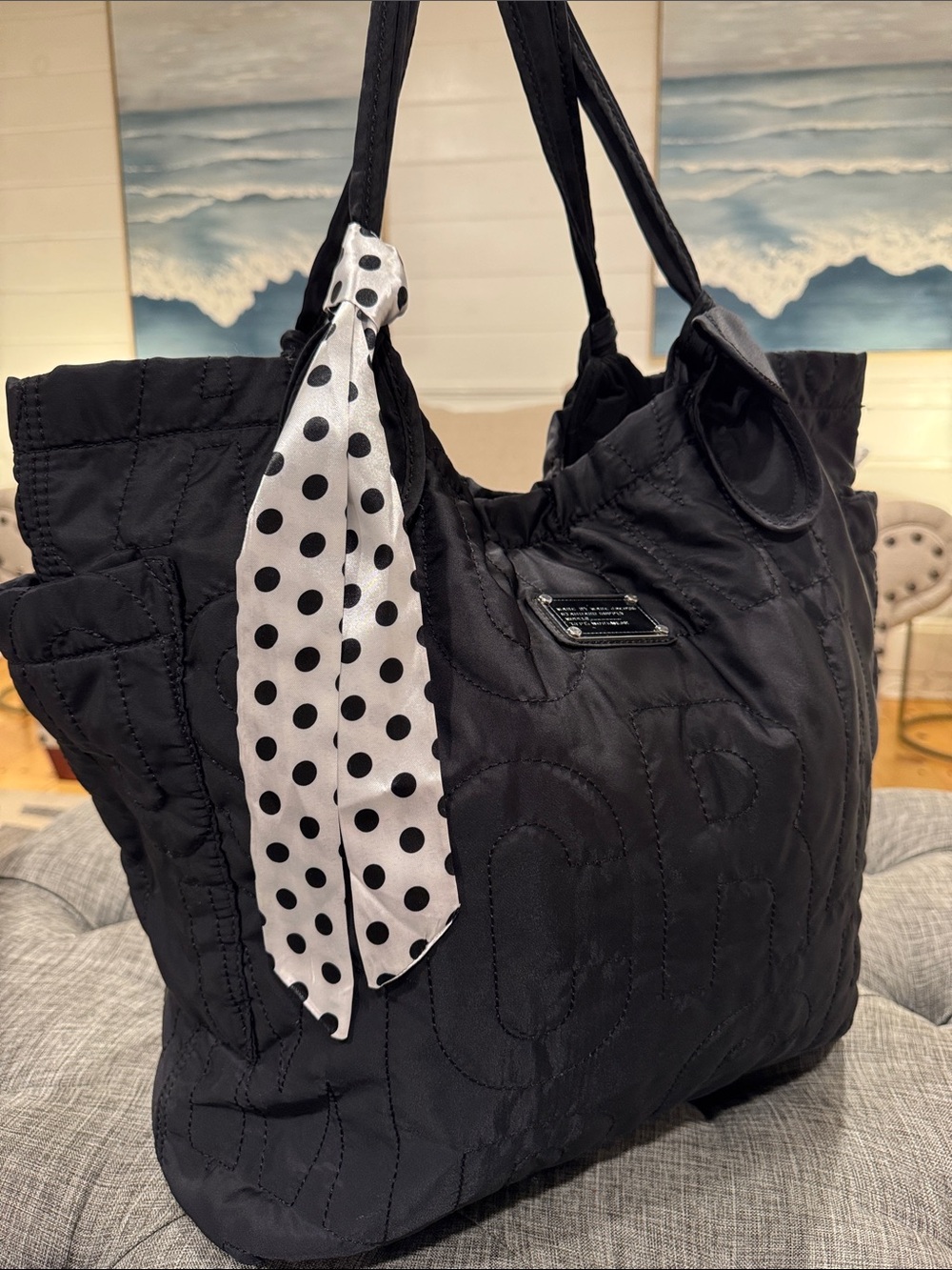Marc Jacobs Bag Oversized Pretty Nylon Tate Embroidered Logo Black Quilted Tote - Picture 3 of 17